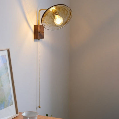 Traditional Vintage Glass Copper Wood Round Square 1-Light Wall Sconce Lamp For Bedroom & Living Room