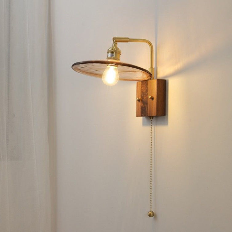 Traditional Vintage Glass Copper Wood Round Square 1-Light Wall Sconce Lamp For Bedroom & Living Room