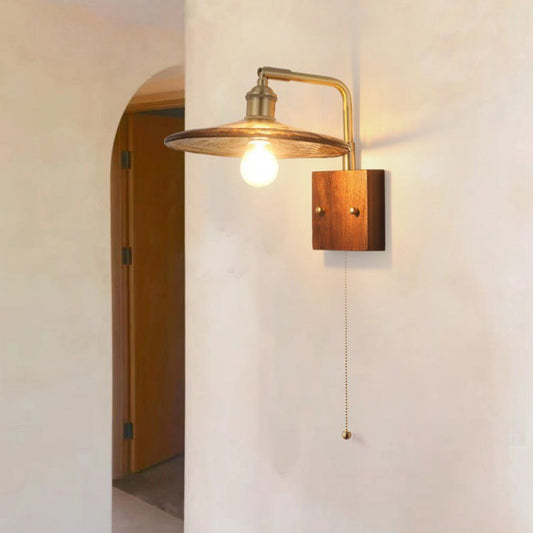 Traditional Vintage Glass Copper Wood Round Square 1-Light Wall Sconce Lamp For Bedroom & Living Room
