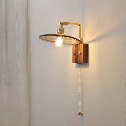 Traditional Vintage Glass Copper Wood Round Square 1-Light Wall Sconce Lamp For Bedroom & Living Room