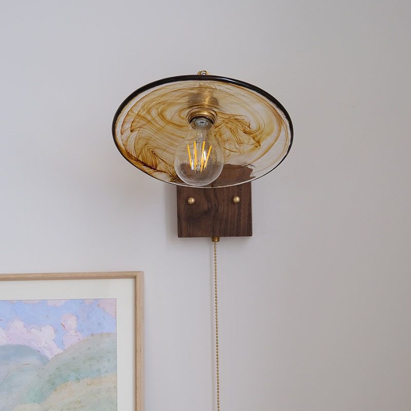 Traditional Vintage Glass Copper Wood Round Square 1-Light Wall Sconce Lamp For Bedroom & Living Room
