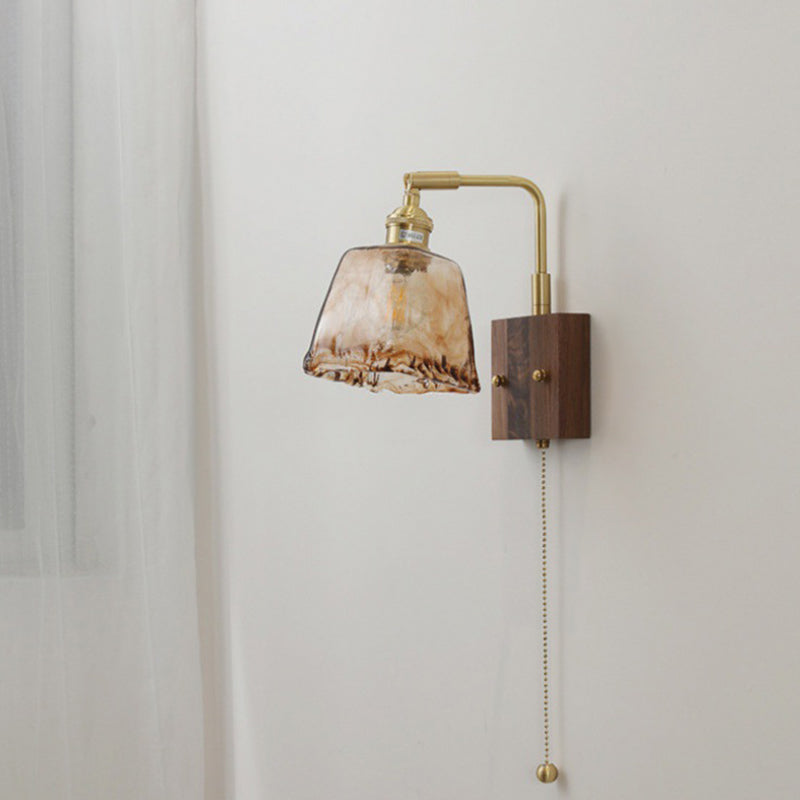 Traditional Vintage Glass Copper Wood Round Square 1-Light Wall Sconce Lamp For Bedroom & Living Room