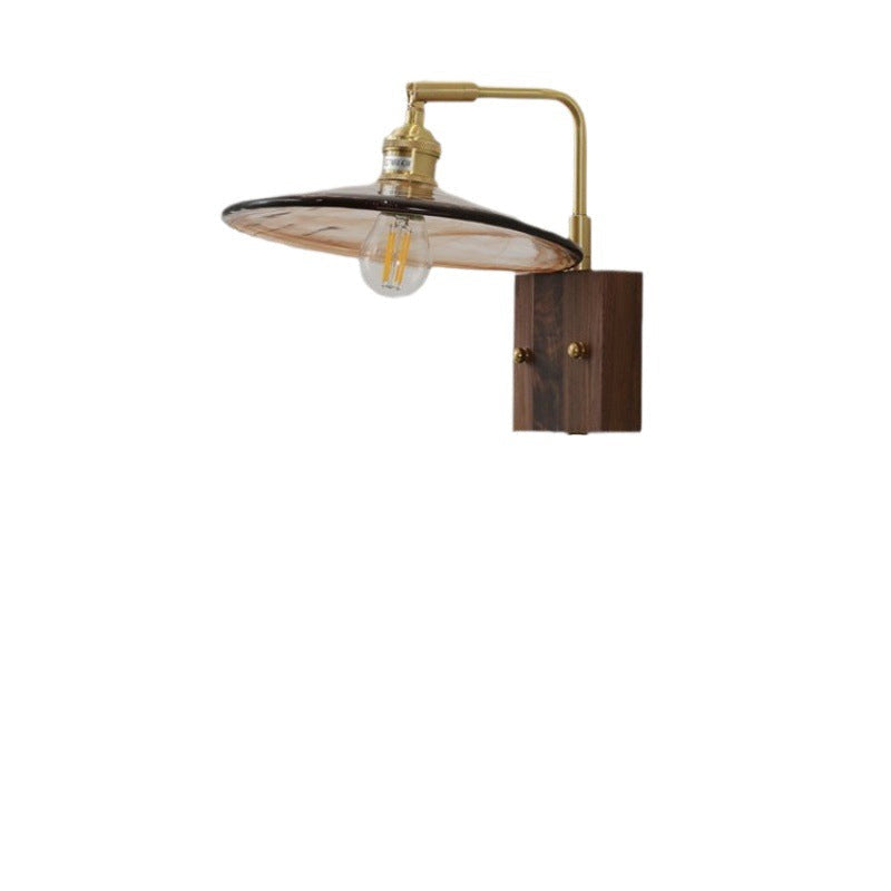 Traditional Vintage Glass Copper Wood Round Square 1-Light Wall Sconce Lamp For Bedroom & Living Room