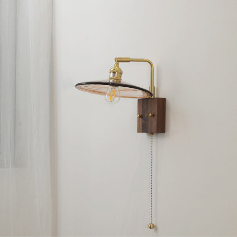 Traditional Vintage Glass Copper Wood Round Square 1-Light Wall Sconce Lamp For Bedroom & Living Room