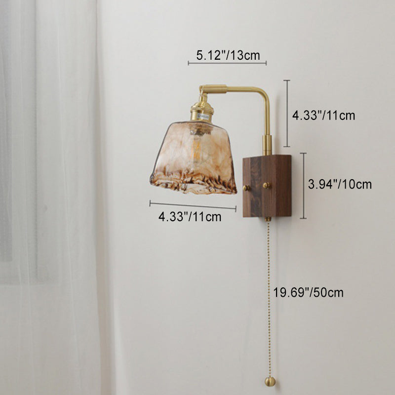 Traditional Vintage Glass Copper Wood Round Square 1-Light Wall Sconce Lamp For Bedroom & Living Room