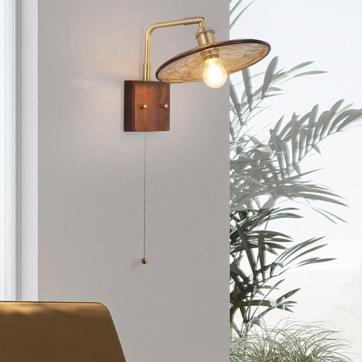Traditional Vintage Glass Copper Wood Round Square 1-Light Wall Sconce Lamp For Bedroom & Living Room