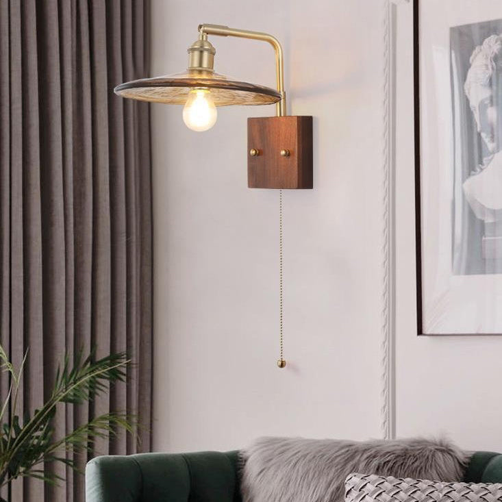 Traditional Vintage Glass Copper Wood Round Square 1-Light Wall Sconce Lamp For Bedroom & Living Room