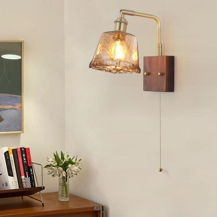 Traditional Vintage Glass Copper Wood Round Square 1-Light Wall Sconce Lamp For Bedroom & Living Room