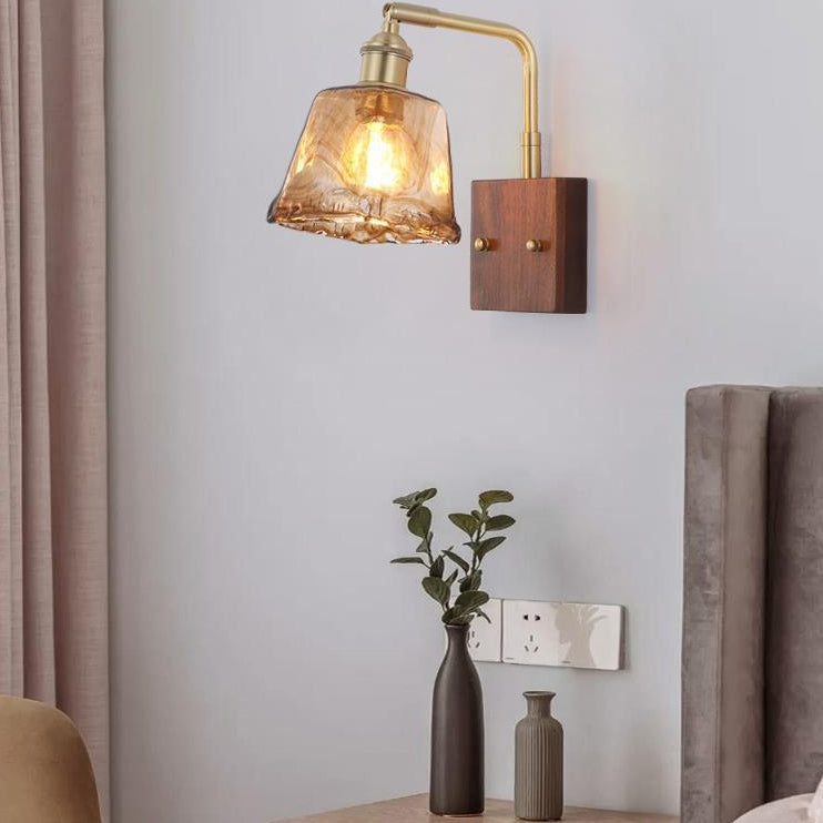 Traditional Vintage Glass Copper Wood Round Square 1-Light Wall Sconce Lamp For Bedroom & Living Room