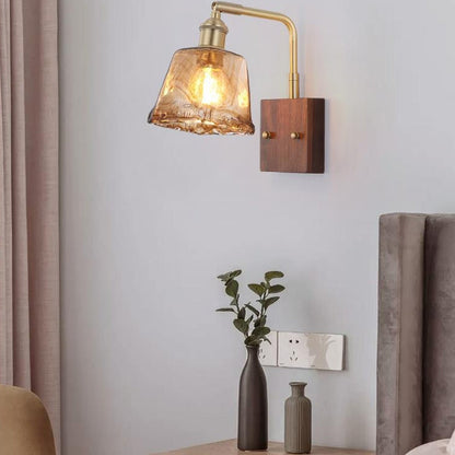 Traditional Vintage Glass Copper Wood Round Square 1-Light Wall Sconce Lamp For Bedroom & Living Room