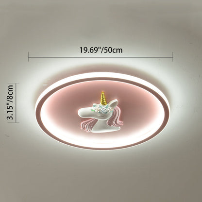 Modern Art Deco Kids Acrylic Iron Unicorn Round LED Flush Mount Ceiling Light For Bedroom & Living Room