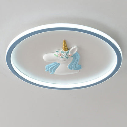 Modern Art Deco Kids Acrylic Iron Unicorn Round LED Flush Mount Ceiling Light For Bedroom & Living Room