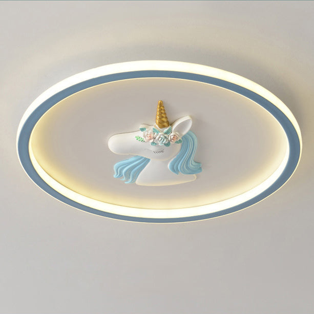 Modern Art Deco Kids Acrylic Iron Unicorn Round LED Flush Mount Ceiling Light For Bedroom & Living Room