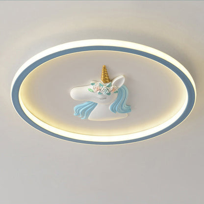 Modern Art Deco Kids Acrylic Iron Unicorn Round LED Flush Mount Ceiling Light For Bedroom & Living Room