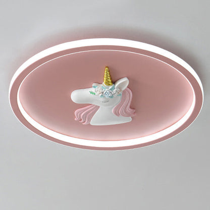 Modern Art Deco Kids Acrylic Iron Unicorn Round LED Flush Mount Ceiling Light For Bedroom & Living Room