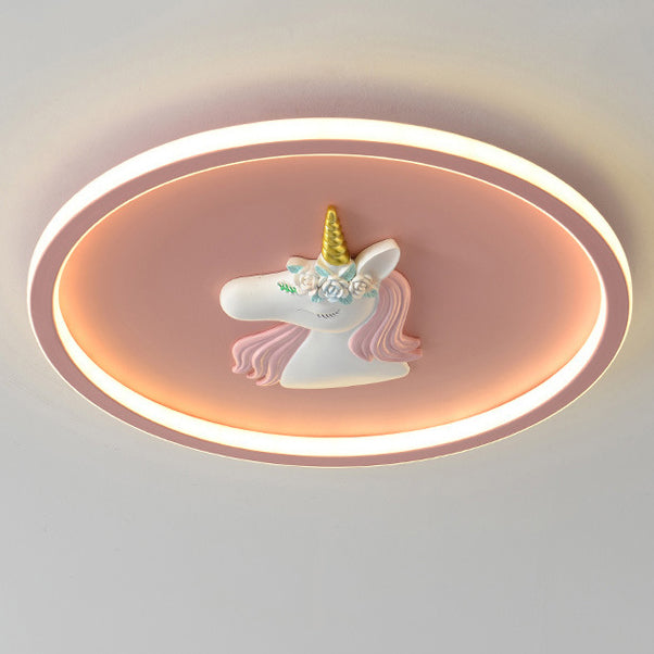 Modern Art Deco Kids Acrylic Iron Unicorn Round LED Flush Mount Ceiling Light For Bedroom & Living Room