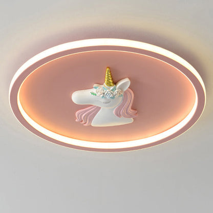 Modern Art Deco Kids Acrylic Iron Unicorn Round LED Flush Mount Ceiling Light For Bedroom & Living Room