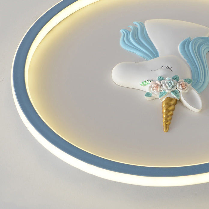 Modern Art Deco Kids Acrylic Iron Unicorn Round LED Flush Mount Ceiling Light For Bedroom & Living Room