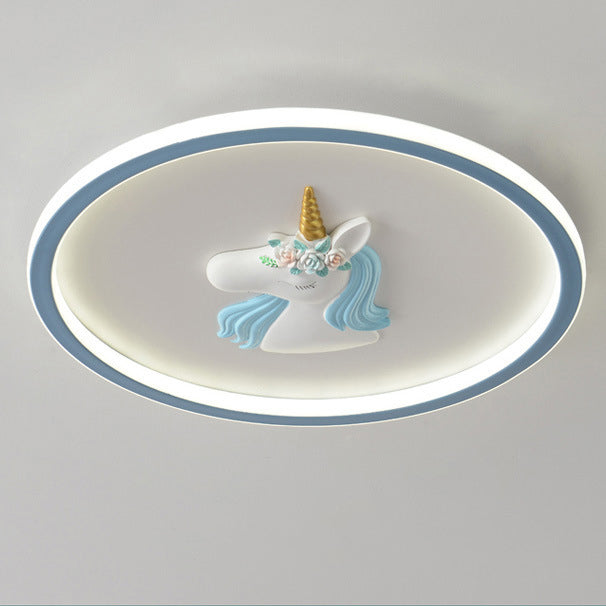 Modern Art Deco Kids Acrylic Iron Unicorn Round LED Flush Mount Ceiling Light For Bedroom & Living Room