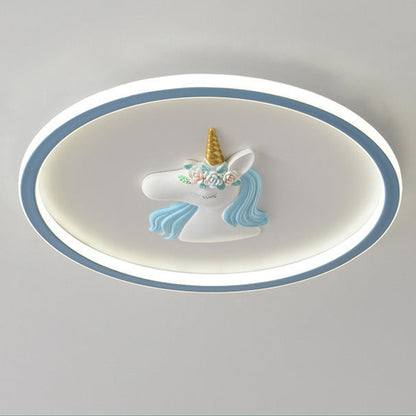 Modern Art Deco Kids Acrylic Iron Unicorn Round LED Flush Mount Ceiling Light For Bedroom & Living Room
