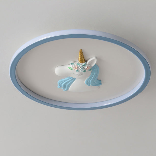 Modern Art Deco Kids Acrylic Iron Unicorn Round LED Flush Mount Ceiling Light For Bedroom & Living Room