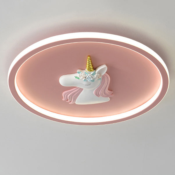 Modern Art Deco Kids Acrylic Iron Unicorn Round LED Flush Mount Ceiling Light For Bedroom & Living Room