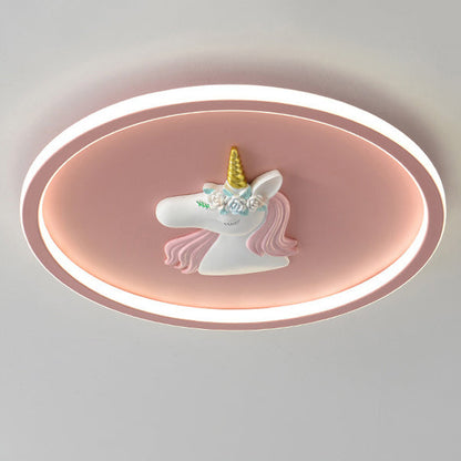 Modern Art Deco Kids Acrylic Iron Unicorn Round LED Flush Mount Ceiling Light For Bedroom & Living Room