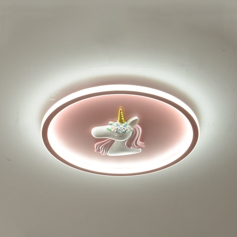 Modern Art Deco Kids Acrylic Iron Unicorn Round LED Flush Mount Ceiling Light For Bedroom & Living Room