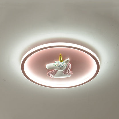 Modern Art Deco Kids Acrylic Iron Unicorn Round LED Flush Mount Ceiling Light For Bedroom & Living Room