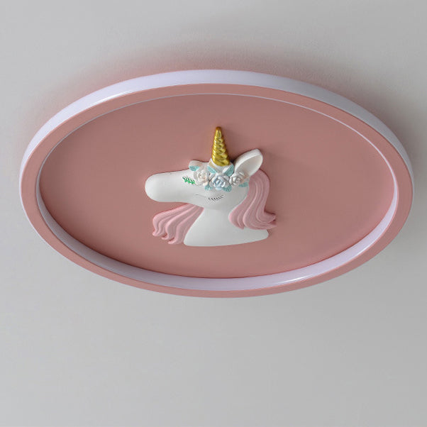 Modern Art Deco Kids Acrylic Iron Unicorn Round LED Flush Mount Ceiling Light For Bedroom & Living Room