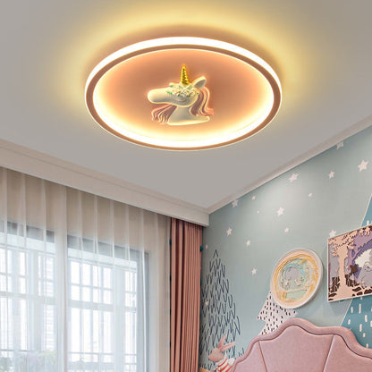 Modern Art Deco Kids Acrylic Iron Unicorn Round LED Flush Mount Ceiling Light For Bedroom & Living Room
