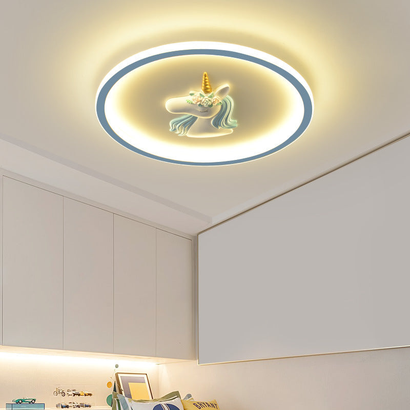Modern Art Deco Kids Acrylic Iron Unicorn Round LED Flush Mount Ceiling Light For Bedroom & Living Room