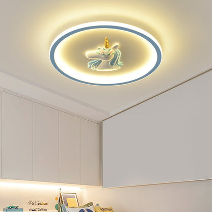 Modern Art Deco Kids Acrylic Iron Unicorn Round LED Flush Mount Ceiling Light For Bedroom & Living Room