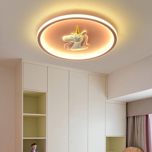 Modern Art Deco Kids Acrylic Iron Unicorn Round LED Flush Mount Ceiling Light For Bedroom & Living Room