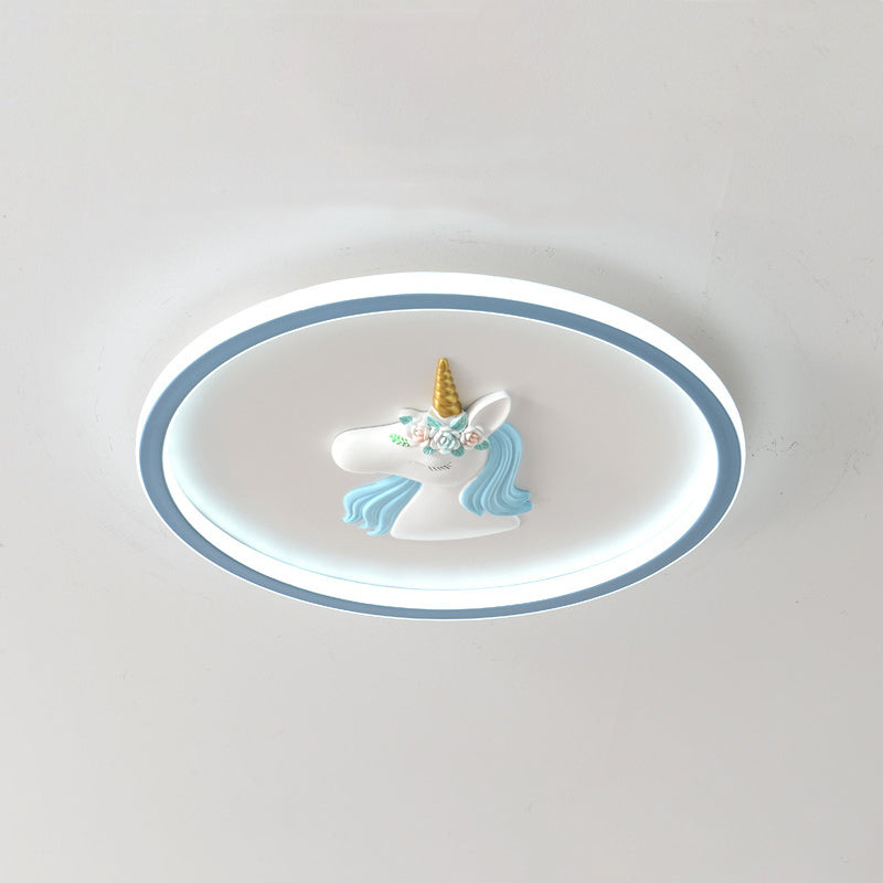 Modern Art Deco Kids Acrylic Iron Unicorn Round LED Flush Mount Ceiling Light For Bedroom & Living Room