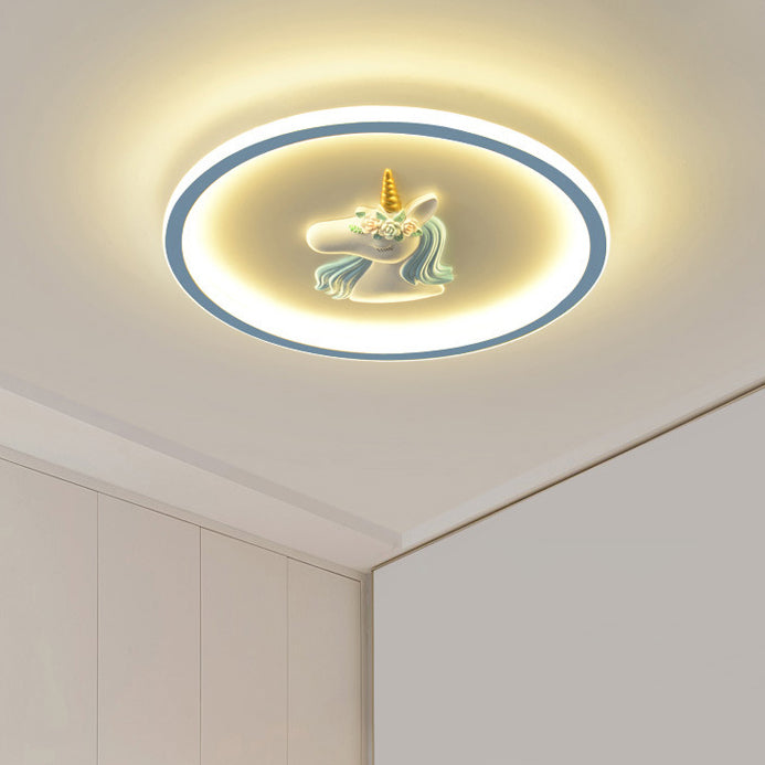 Modern Art Deco Kids Acrylic Iron Unicorn Round LED Flush Mount Ceiling Light For Bedroom & Living Room