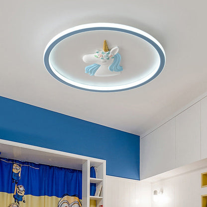 Modern Art Deco Kids Acrylic Iron Unicorn Round LED Flush Mount Ceiling Light For Bedroom & Living Room