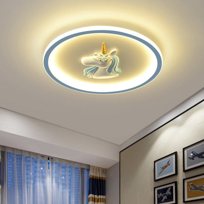 Modern Art Deco Kids Acrylic Iron Unicorn Round LED Flush Mount Ceiling Light For Bedroom & Living Room