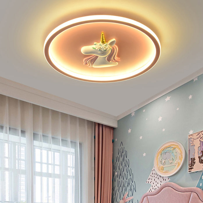 Modern Art Deco Kids Acrylic Iron Unicorn Round LED Flush Mount Ceiling Light For Bedroom & Living Room