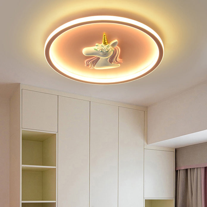 Modern Art Deco Kids Acrylic Iron Unicorn Round LED Flush Mount Ceiling Light For Bedroom & Living Room
