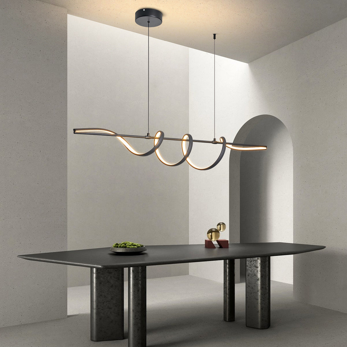 Contemporary Creative Aluminum PVC Curved Linear LED Chandelier Island Light For Dining Room