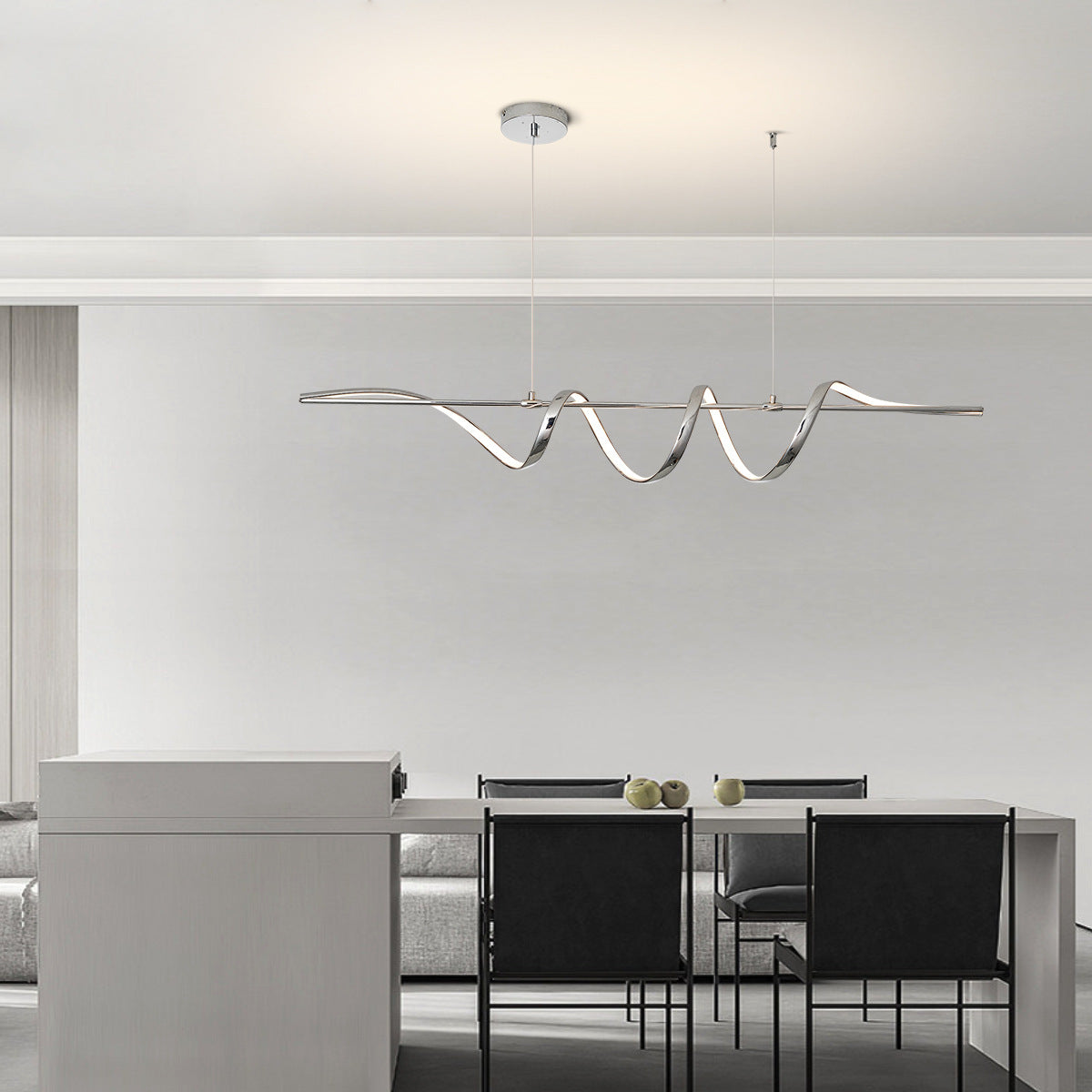 Contemporary Creative Aluminum PVC Curved Linear LED Chandelier Island Light For Dining Room
