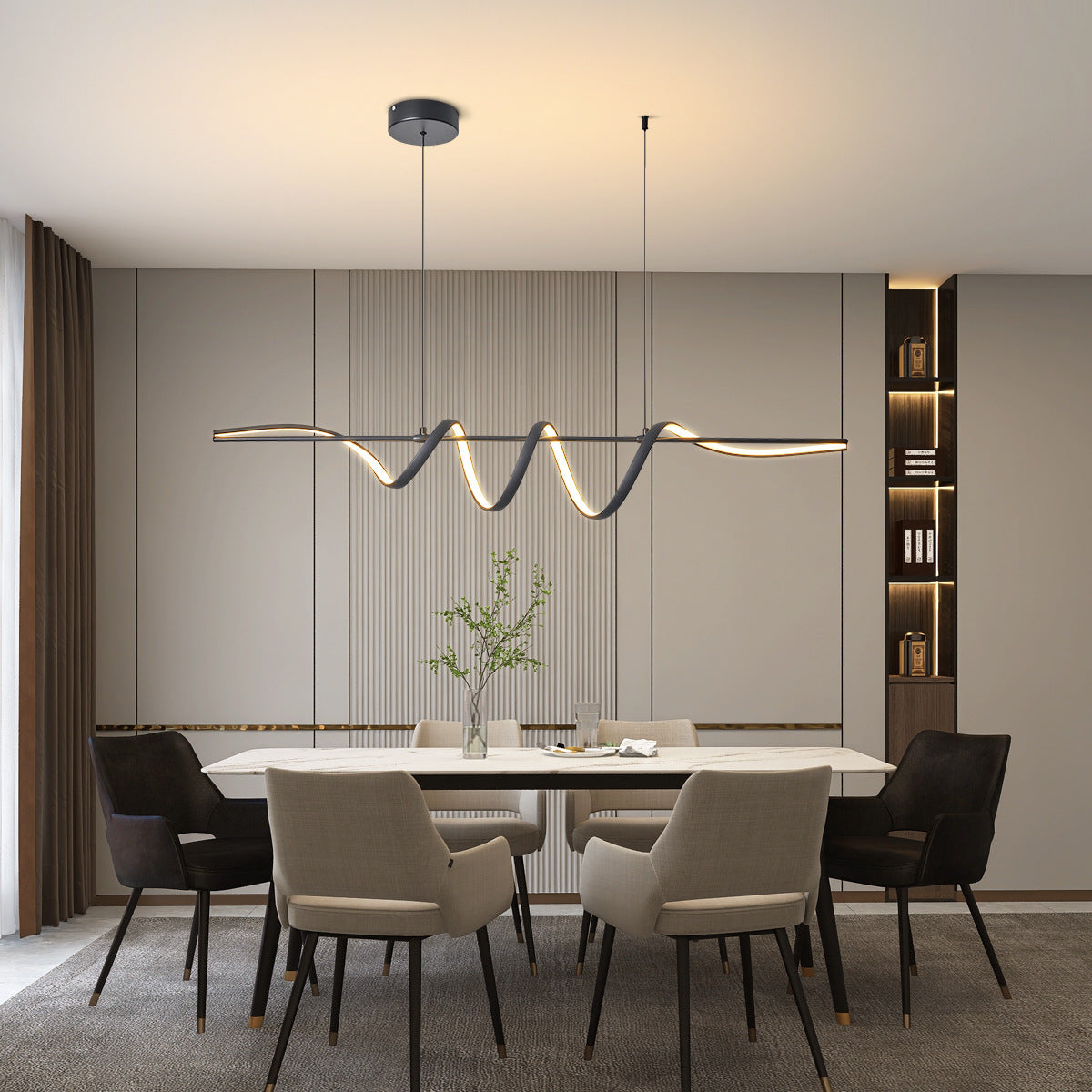 Contemporary Creative Aluminum PVC Curved Linear LED Chandelier Island Light For Dining Room