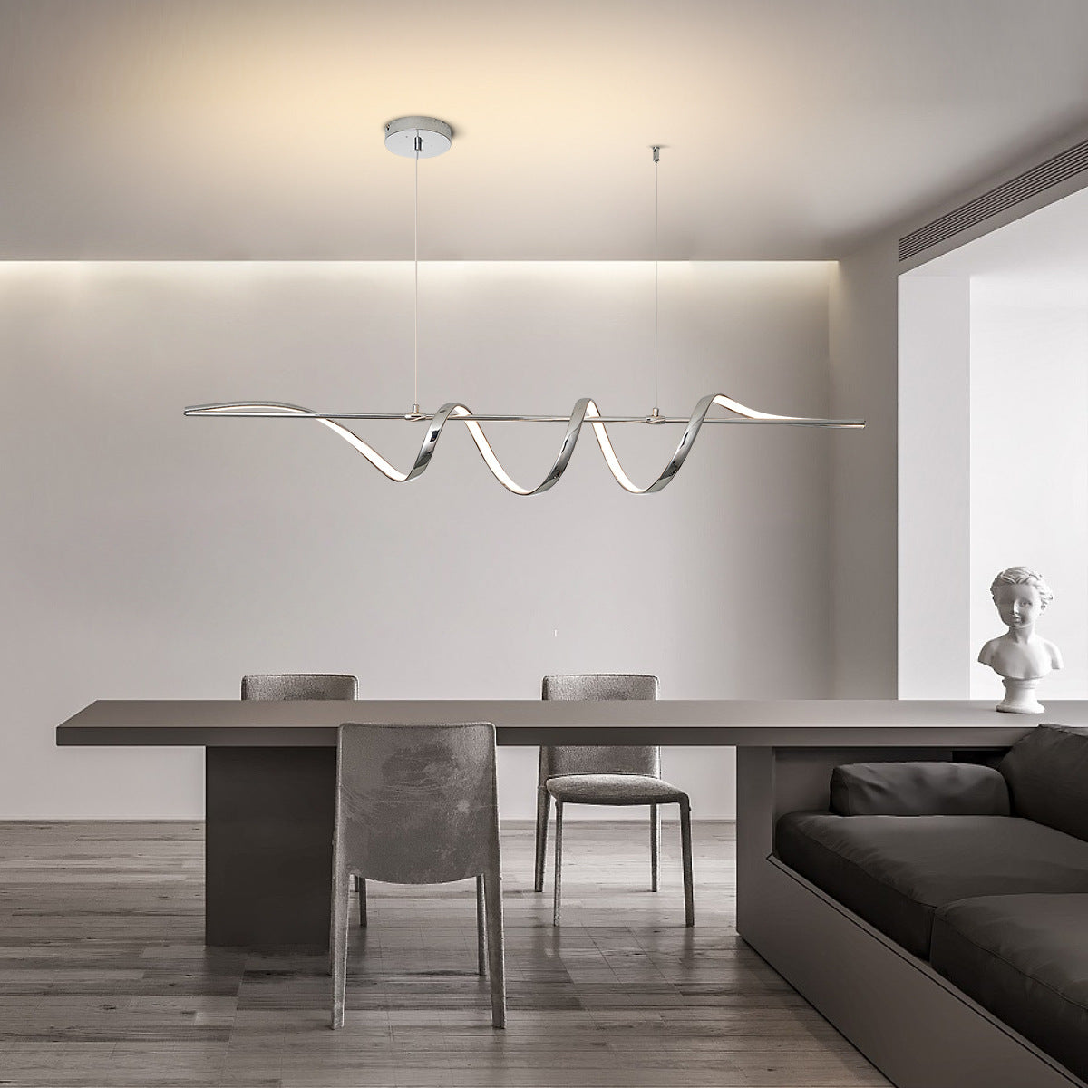 Contemporary Creative Aluminum PVC Curved Linear LED Chandelier Island Light For Dining Room