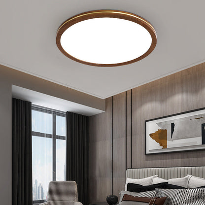 Traditional Chinese Rubber Wood Acrylic Copper Round LED Flush Mount Ceiling Light For Living Room