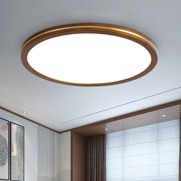Traditional Chinese Rubber Wood Acrylic Copper Round LED Flush Mount Ceiling Light For Living Room
