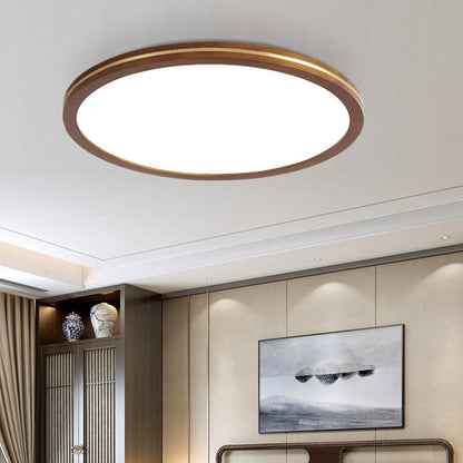 Traditional Chinese Rubber Wood Acrylic Copper Round LED Flush Mount Ceiling Light For Living Room