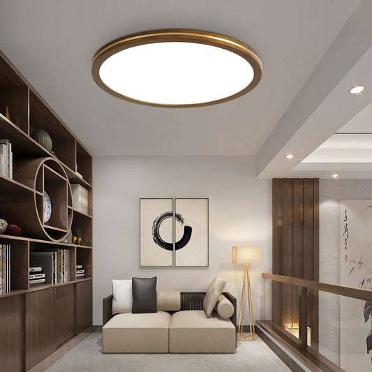 Traditional Chinese Rubber Wood Acrylic Copper Round LED Flush Mount Ceiling Light For Living Room