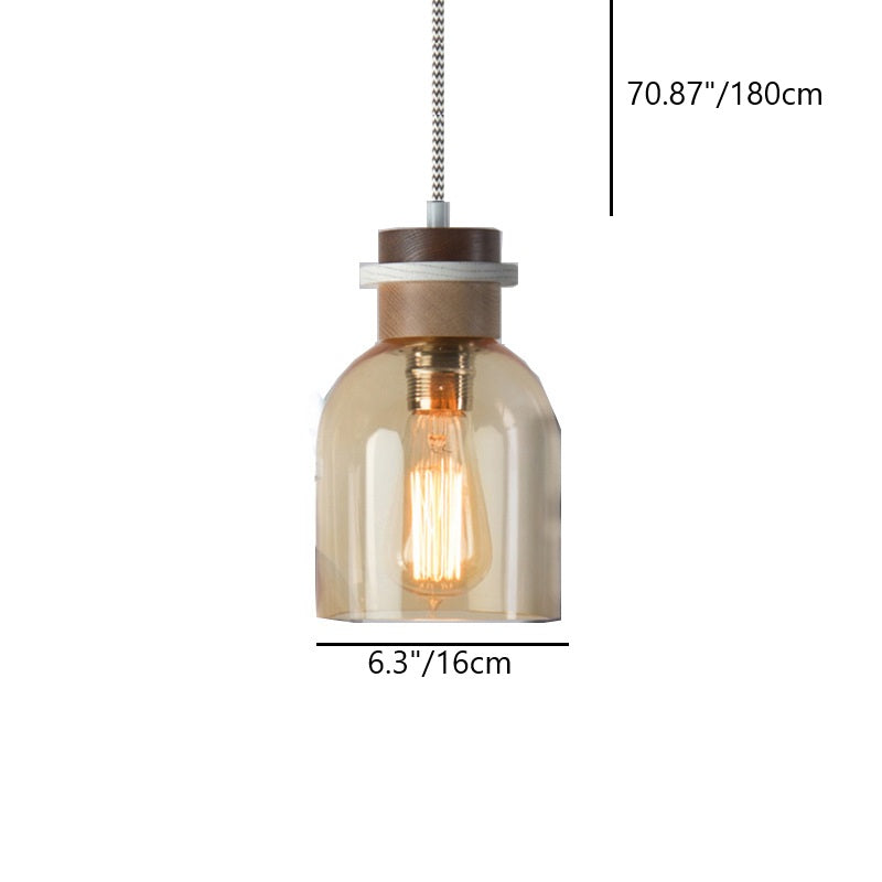 Contemporary Scandinavian Glass Wood Metal Round Cylinder 1-Light Pendant Light For Bedroom