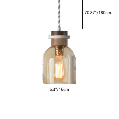 Contemporary Scandinavian Glass Wood Metal Round Cylinder 1-Light Pendant Light For Bedroom